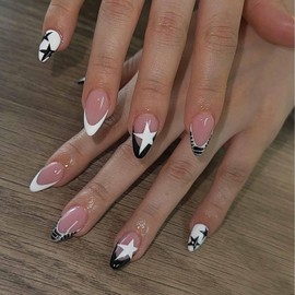 IMRAIN Almond Press on Nails Medium Fake Nails Black White French Tip Acrylic False Nails with Star Designs Full Cover Y2K DIY Glossy Glue on Nails Nail Art Decoration for Women Girls