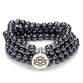 oasymala Chanting Mala Prayer Beads 108 Necklace Bracelet for Meditation with Tiny Lotus Flower Charm (Hematite)