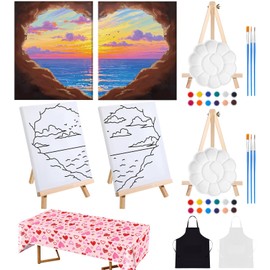 Feifeiyu 2 Set Sip and Paint Kit Valentines Couple Canvas Painting Kit Art Pre Drawn for Adults Date Party Pre Drawn Valentines Gifts(Sunset)