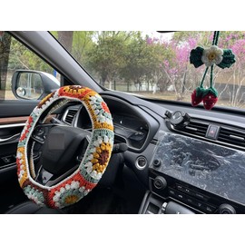YDMZZB Steering Wheel Cover,Handmade Crochet Rainbow Sunflower Granny Square Steering Wheel Covers (Steering Wheel Cover+Crochet Strawberry)