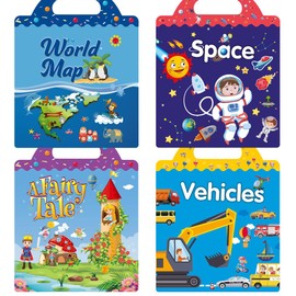 Interactive Children's Sticker Book Waterproof PVC Stickers Removable Creative Sticker Story Books - Scene Sticker Book for Endless Fun and Learning for Kids (4-World map/Space/Fairy Tale/Vehicles)