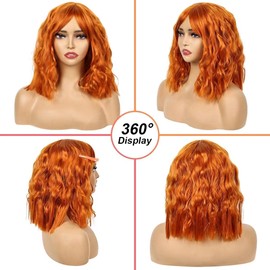 Queentas 12" Short Bob Ginger Yellow Wigs for Women Water Wave Curly Wigs with Bangs Synthetic Hair Wig