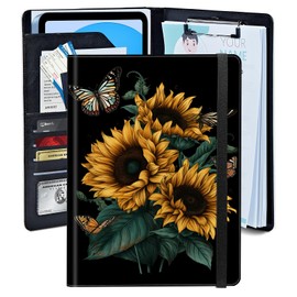 BREIDMKFM Sunflower Butterfly Clipboard Folder Portfolio, Leather Interview Resume Folder with 4 Business Card Holder, A4 Size Padfolio Clipboard for Business Office with Phone Pocket