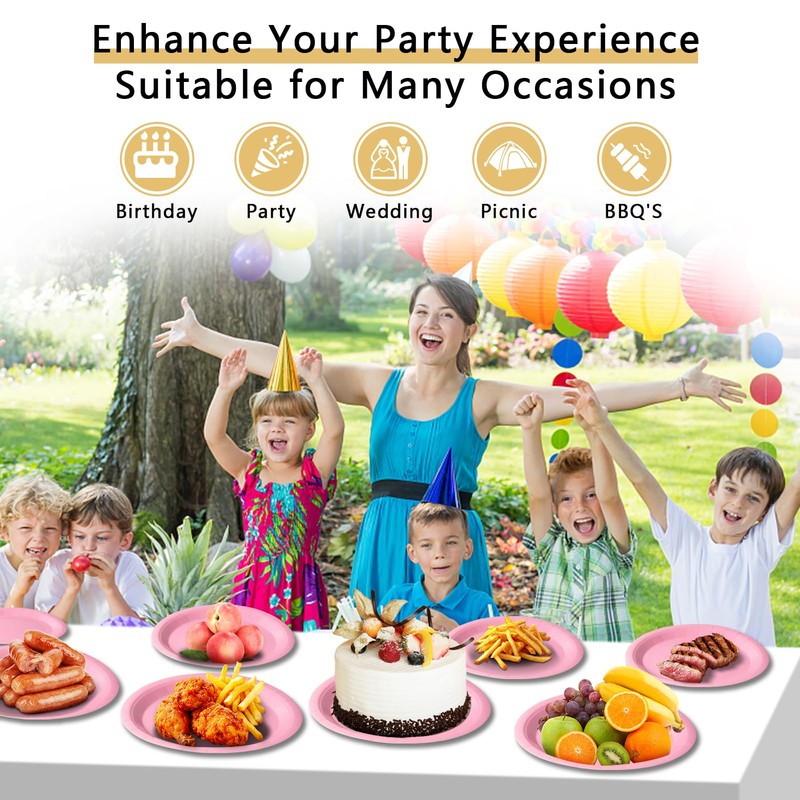 PYAILI Party Paper Plates, 50-Pack Disposable Light Pink Plates, 18