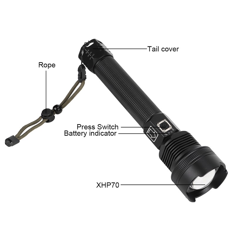 XHP70 Super Bright Telescopic Zoom Waterproof Outdoor Portable Flashlight USB