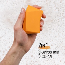 Shower Chunks 2-in-1: Solid shampoo and shower gel in one. Plastic free and vegan. Including a smart tin. Shower chunks fruit