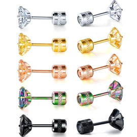 Pack of Round CZ Titanium Screw Flat Back Earrings Hypoallergenic for Sensitive Ears 3-8mm, Titanium, Cubic Zirconia
