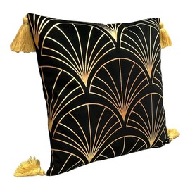 Moroccanity Art deco black velvet gold cushion cover with tassels, art deco pillow, gold black cushion cover, velvet pillowcase, 43x43cm