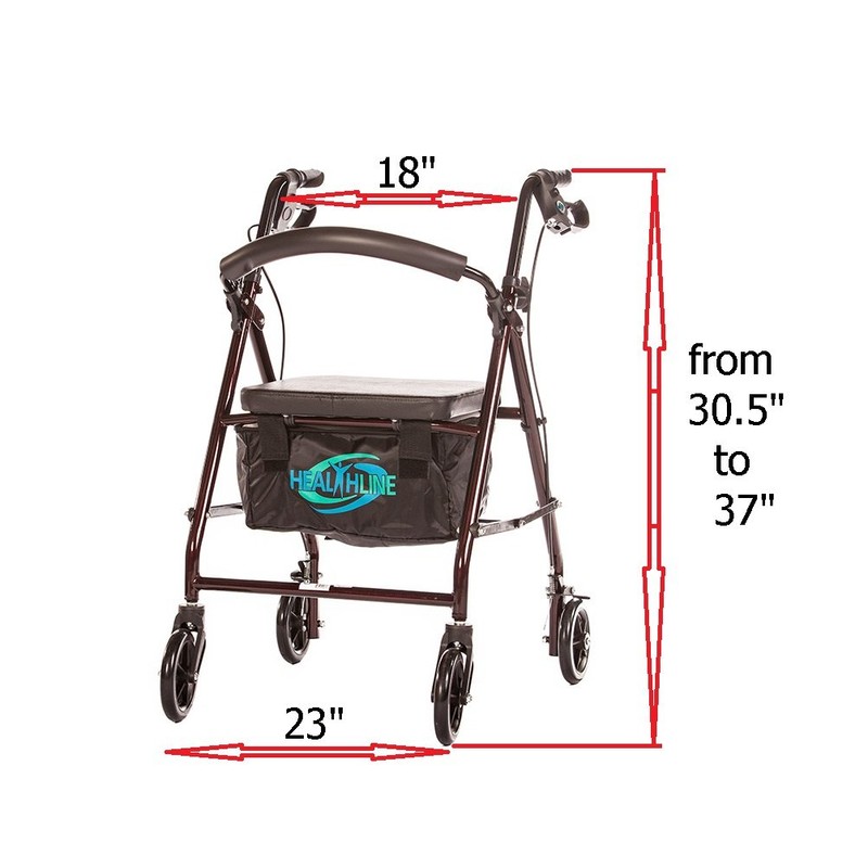 Healthline Trading 4 Wheel Rollator with Handle Brakes and Pouch,