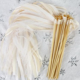 Wedding Wands Pack of 30 Magic Wands, Wedding Streamers, Wedding Sticks with Bell, Romantic Silk Fairy Stick for Weddings, Birthdays, Parties, Holiday Parties, Christmas (Beige)