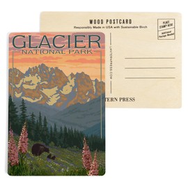 Glacier National Park, Montana, Bear and Cubs with Flowers (4x6 Birch Wood Postcards, 2-Pack Stationary, Rustic Home Wall Decor)