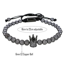 Imperial Crown King 18K Gold CZ Beads Bracelet Luxury Charm Fashion Bangle for Men Women (A Black)