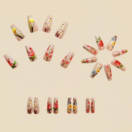 24Pcs Colorful Flower Press on Nails Medium Coffin Fake Nails Spring Full Cover Acrylic Nails Brown False Nails with Floral Designs Glossy Glue on Nails Cute Ballet Stick on Nails for Women Girls