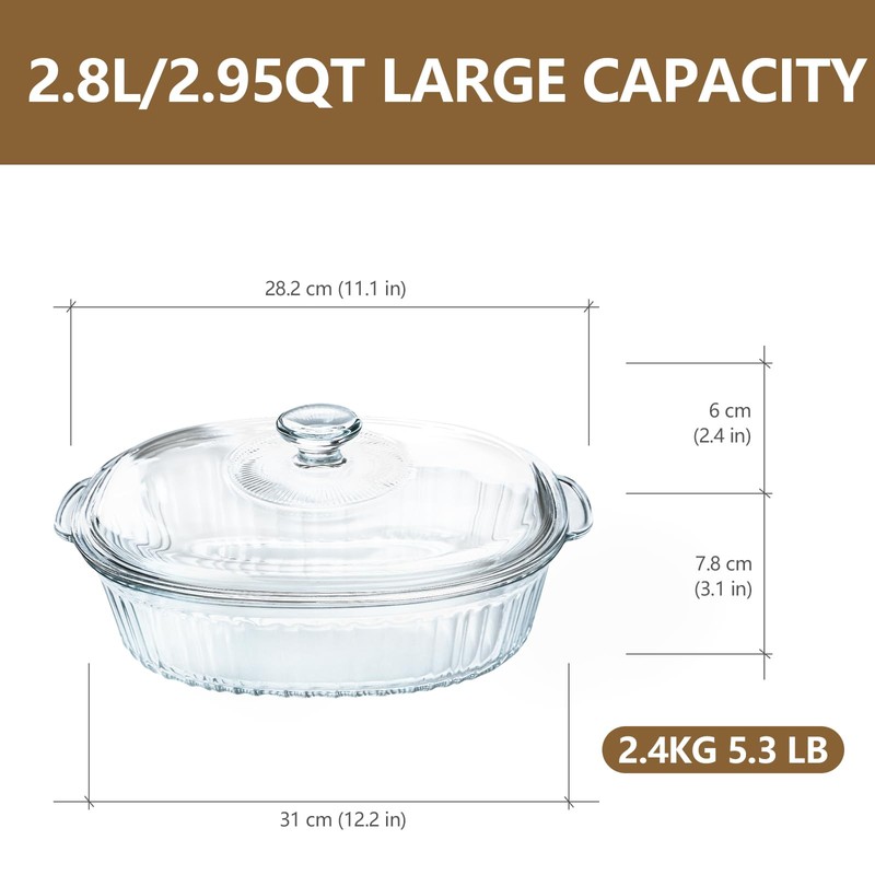Luvan 2.8L/3Qt Glass Casserole Dish with Lid, Ribbed Oval Glass
