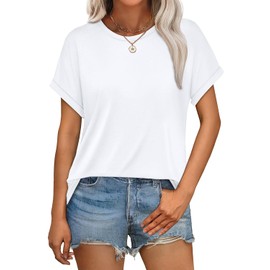 WEESO Womens Tops Crew Neck Rolled Short Sleeve White T Shirts Basic Tees Casual Summer Outfits Spring Clothes Solid Color 2025 S