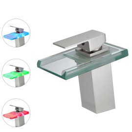 Modern 1-Hole LED Waterfall Faucet Anti-Rust Brushed Nickel 304 Stainless Steel Single Handle Basin Faucet Lead Free FeatureColor: 240-11B, Surface Finishing: Other