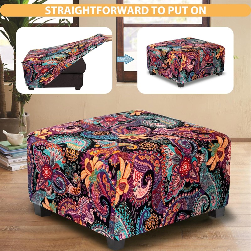 TOPHMDECOR Ottoman Cover Square Slipcovers Printed,Stretch Footrest Stool Cover for