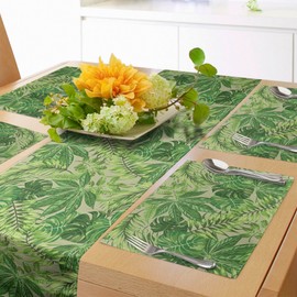 ABAKUHAUS Green Leaf Table Runner & 4 Piece Placemats, Exotic Pattern with Tropical Leaves Fresh Jungle Aloha Hawaii, Table Decoration Set, 180 x 40 cm, Apple Green Fern Green