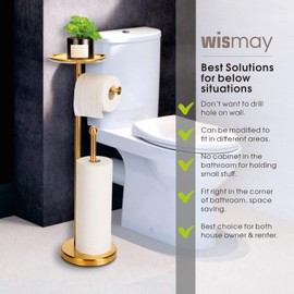 Standing Toilet Paper Holder Gold, TP Holder with 6.7" Phone Shelf, Holds 5 Rolls, Stainless Steel (Gold)
