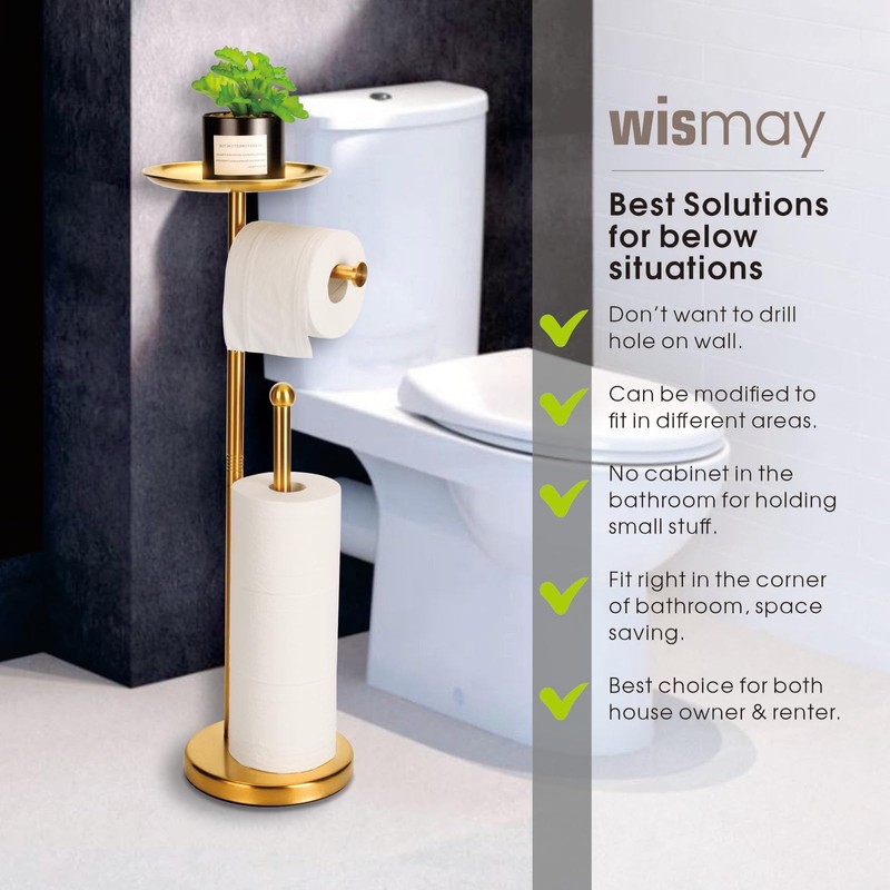 Standing Toilet Paper Holder Gold, TP Holder with 6.7" Phone