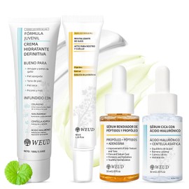 WEUD Skin Care Coreano 4 En 1 Kit, con 1 Crema Hidratante Niacinamida + 1 Contorno de Ojos con Retinal + 1 Serum Centella Ácido Hialurónico + 1 Serum Péptidos Propóleo, para Todo Tipo de Piel