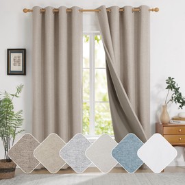 Deconovo Faux Linen 100% Blackout Curtains for Bedroom, Noise Ruducing Thermal Curtains Eyelet with Microfiber Back Layer, 52 x 63 Inch, Taupe, 2 Panels