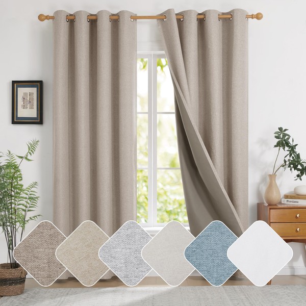 Deconovo Faux Linen 100% Blackout Curtains for Bedroom, Noise Ruducing