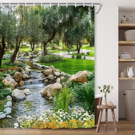 BCNEW Garden Landscape Shower Curtain Spring Summer Nature Flower Plants Recreational View Pond Grass Stones Greenery Forest Polyester Fabric Bathroom Decor 70×70 Inch with Hook