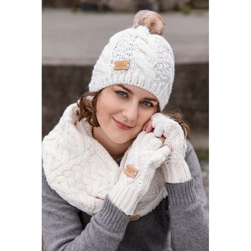 Aran Traditions Womens Ladies Winter Cable Knitted Cream White Fingerless