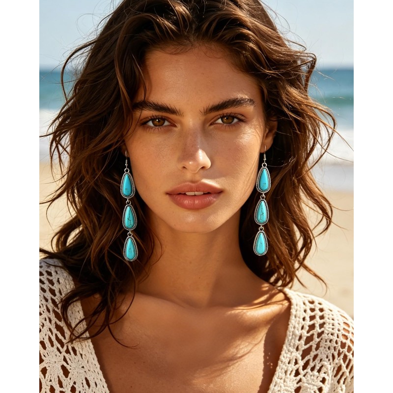 Watforsh Large Long Boho Silver Turquoise Teardrop Western Country Earrings