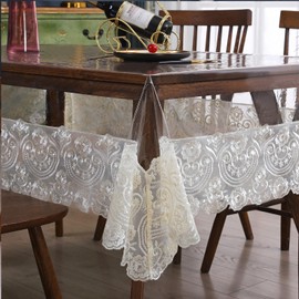 Qubjus Clear Plastic Tablecloth Waterproof Rectangle Vinyl Table Cloth with Embroidered Lace Table Cover for Dining Kitchen Buffet Banquet Parties(60x86 inch, Beige)