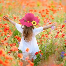 Girls Straw Hat with Flower Round Sunglasses, Summer Foldable Large Brim Sunflower Bowknot Beach Toddler Straw Sun Hat, 2-6T (Hot Pink)