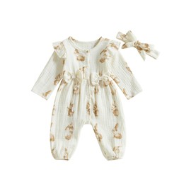 Baby Girl Easter Romper Carrot Bunny Print Ruffled Bodysuit Long Sleeve Full Length Button Jumpsuit with Headband (A-Rabbit, 6-12 Months)