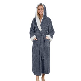LYCY Plush Full-Length Hooded Robe for Women, Warm Winter Fleece Bathrobe with Pockets（Dark Grey, S/M）