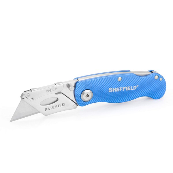 Sheffield 12113 Ultimate Lock Back Utility Knife, Folding, Box Cutter Knife, Carpet Knife, Drywall Cutter, and More, Quick-Change Blade, Back Lock Design, Blue