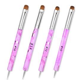 4pcs French Gel Acrylic Nail Art Brush Two Way Nail Art Brush with Dotting Professional Manicure Tool for Manicure Cuticle Clean up Detailed Designs Nail Dotting Pen (10#, 12#, 14#, 16#)