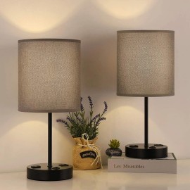 Unbranded Set of 2 Bedside Table Lamp w/Gray Shade Nightstand Lamp w/USB Port for Bedroom