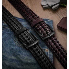 BULLIANT Men Belt 2Pack,Braided Woven Leather Belt For Men Golf Casual Jeans 1 3/8"(Black/Wine Red,40"-44" Waist Adjustable)