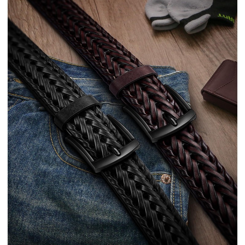 BULLIANT Men Belt 2Pack,Braided Woven Leather Belt For Men Golf