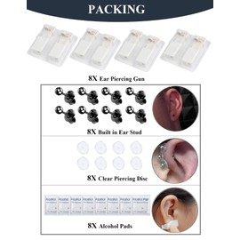 32 Pcs Ear Piercing Kit Disposable Ear Piercing Gun Kit with 8Pcs Self Ear Piercing Gun and 8Pcs Earrings Stud 8Pcs Alcohol Pads,8Pcs Clear Piercing Disc (313#-3mm Black)