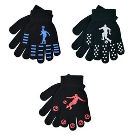 Kids Childrens Magic Winter Gloves Soccer Football Design Boys Stretchy Gloves Footy Theamed Black Navy Warm Gloves (PACK OF 3)