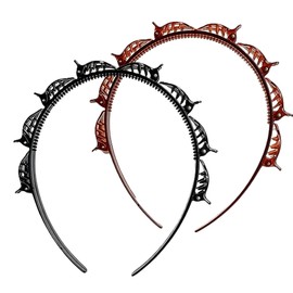 2Pcs Headband With Clips, Bangs Hairstyle Hair Clip Headband, Professional Weave Bangs Clip, Toothed Braid Tool for Women Girls Hair Styling Accessories (Black and Brown)