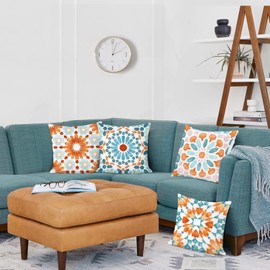 Bonhause Boho Outdoor Pillow Covers 20x20 Inch Set of 4 Orange Mandala Decorative Throw Pillow Cases Soft Velvet for Sofa Couch Garden Bedroom Home Decor