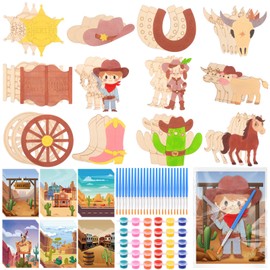 36 Sets Western Cowboy Cowgirl Party Favors Wild West Wooden Painting Kit West Unfinished Wood Cutouts, Western Cards, Paint with Brushes, OPP Bags for Birthday Party School Supplie (Western)