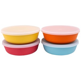 WeeSprout Bamboo Kids Bowls with Lids, Set of Four 15 oz Kid-Sized Bamboo Bowls, Bamboo Kid Bowls with Lids for Leftovers, Dishwasher Safe (Blue, Yellow, Orange, & Red)