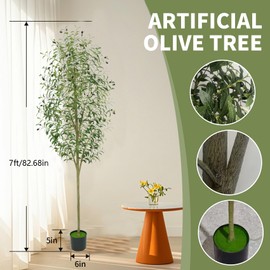 7FT Artificial Olive Tree – Realistic Faux Plant with Natural Trunk, Silk Leaves & Fruits，Tall Faux Silk Plant for Home Office Decor Indoor Fake Potted Tree