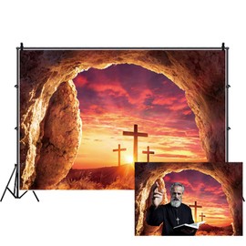 Leyiyi 8x6ft Empty Tomb Backdrop Shroud Cross Crucifixion Stone Hole Holy Lights Easter Photo Background Resurrection Cross Christianity Jesus Christ Background for Photography Funeral Backdrop