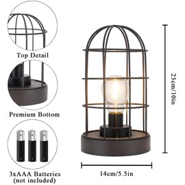 JHY DESIGN Vintage Battery Operated Lamp 10''H Decorative Table Lamp Metal Cage Cordless Lamps with LED Bulb for Home Decor Living Room Bedroom Kitchen Wedding Patio Indoor