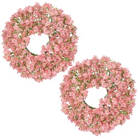 Hollyone 2Pcs Small Artificial Baby Breath Flowers Wreath 10 Inch Pink for Front Door Decor Faux Gypsophila Wreath Fake Baby Breath Flower Garland Candle Ring for Kitchen Cabinet Chairs Tabletop Decor