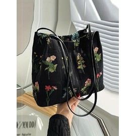 Women's Elegant Floral Fabric Shoulder Bag, Summer Trendy Large Capacity Tote Bag, Chic Spring All-match Shoulder Bag for Daily & Work & Back To School, Unique Bags:_signal black_Please Refer To The Pictures for Dimensions